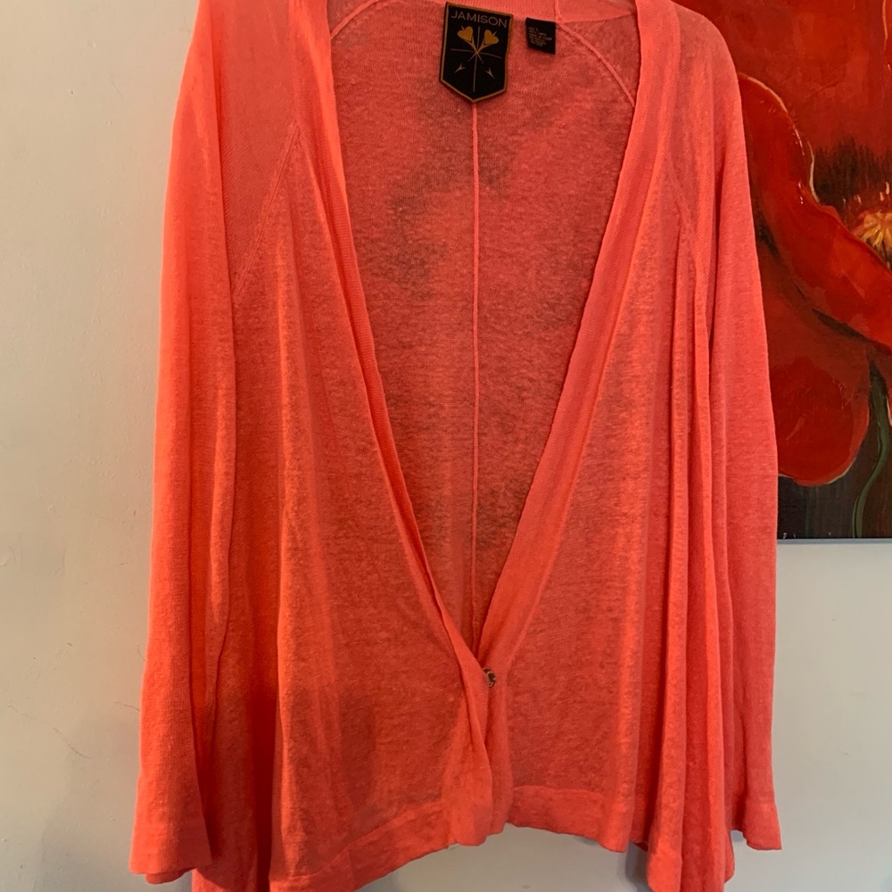 Jamison 100% Linen Knit Cardigan Sweater Coral Orange Size L Large